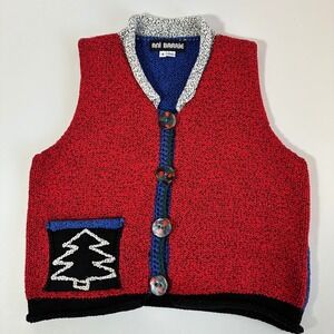 Vintage Knit Cotton Vest Red Blue Small Christmas Tree Holiday Retro Festive‎